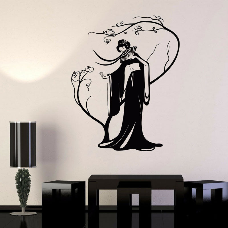 Arte moderno Decoración Del Hogar Geisha Mujer Japonesa Ventilador Árbol de Sakura Pegatinas de Vinilo Tatuajes de Pared Decoración de Interiores Mural Wallpaper 3099