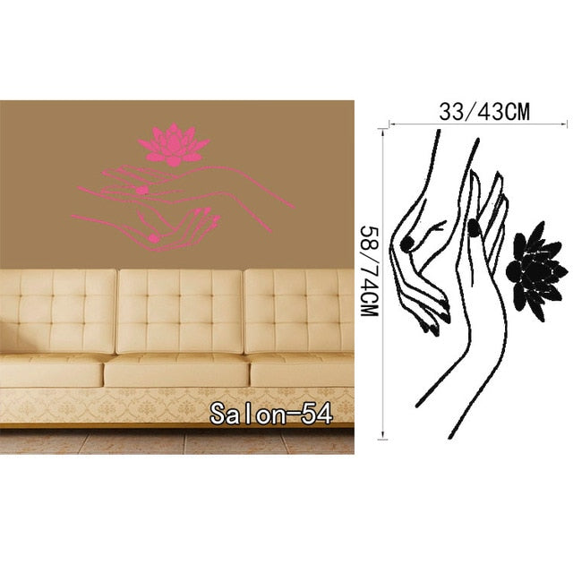 Salón de belleza cara de niña con manicura de la mano labios de uñas tatuajes de pared de vinilo pegatinas de pared decoración para el hogar interior arte murales etiqueta