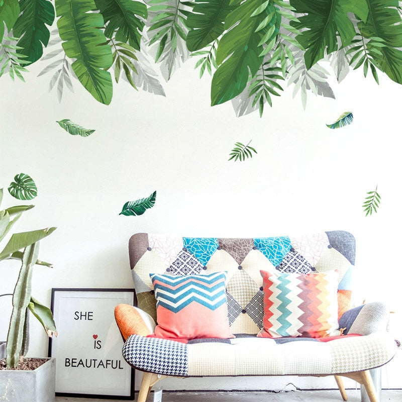 Planta de la selva tropical Etiqueta de la pared Verde Banano Hoja de bambú Pegatinas de pared de inyección de tinta Hogar Habitación para niños Pegatinas de pared interiores